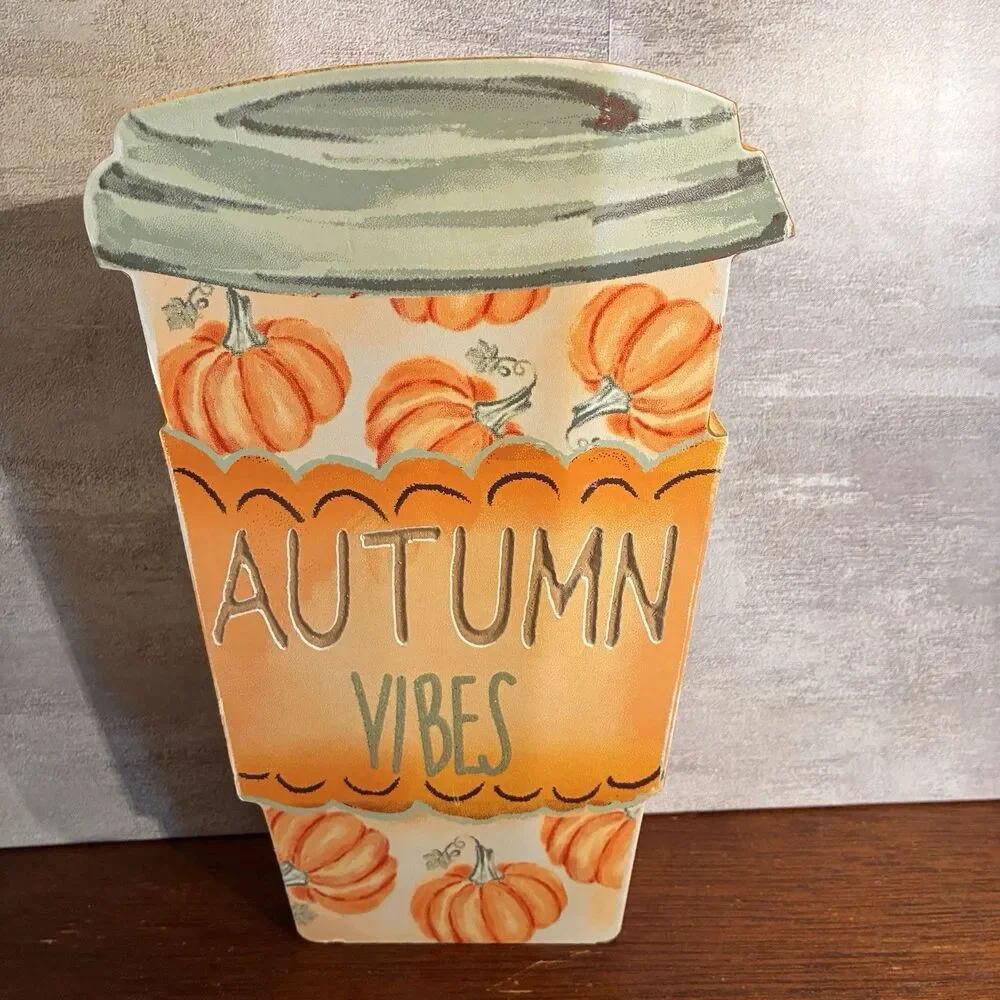 Set Of Fall Decoration. Wooden cup AUTUMN VIBES, Candle In Mug, Dish Towels NEW